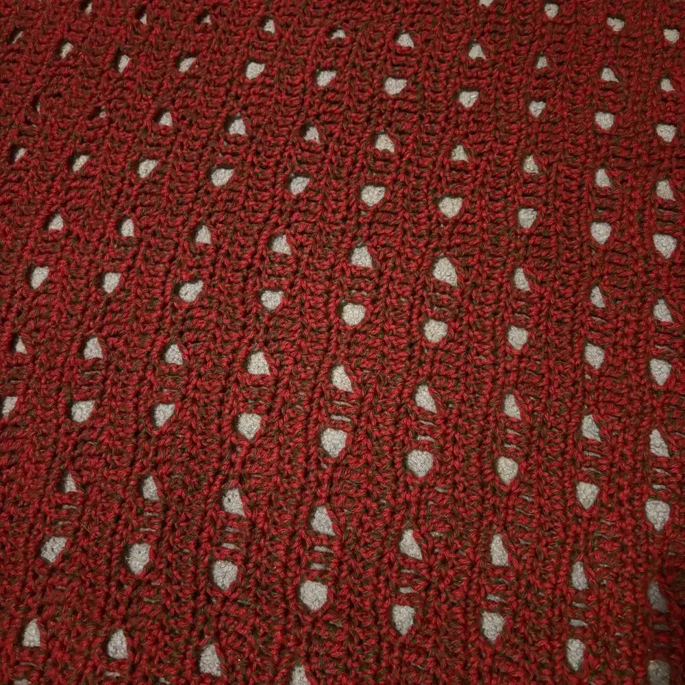 Vtg Christmas Afghan Red hint of Green Handmade open lacy stitch 59 x 43 inches